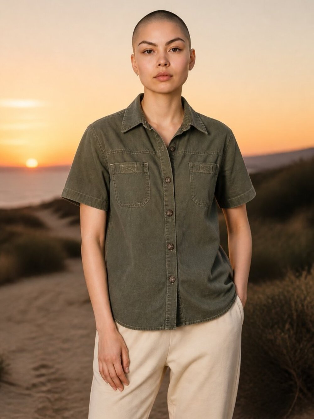 SAG HARBOR Women's Short Sleeve Green Button-Down Shirt, Size Large